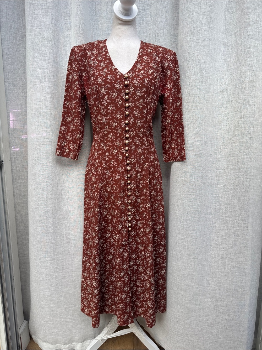 1990 Jody Terra cotta brown midi dress small white floral print back tie